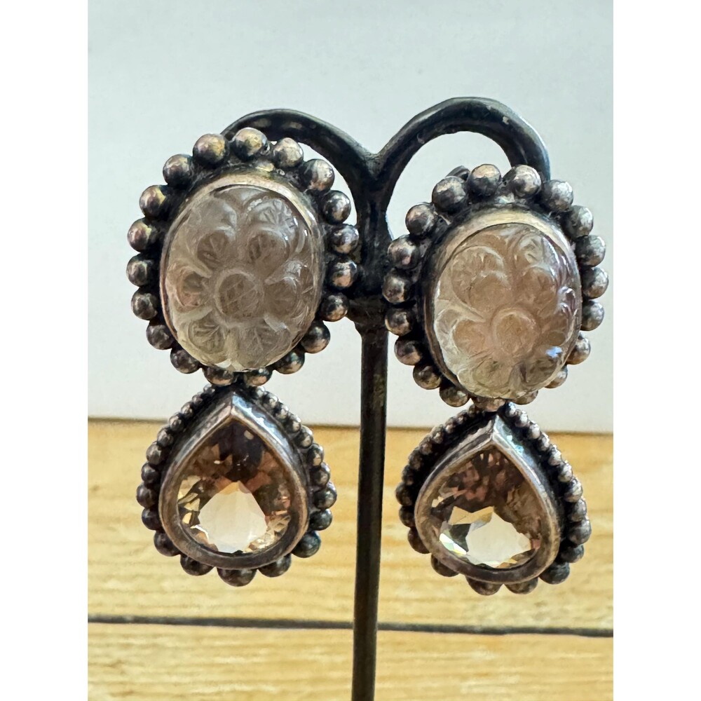 Stephen Dweck Sterling Silver Clip On Earrings Hand Carved Quartz Signed Vintage